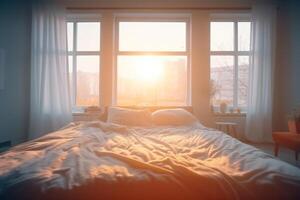 Blurred bedroom in the morning view background photo