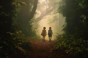 two kids Feeling the magical atmosphere as they enter forest background photo