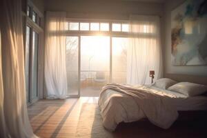 Blurred bedroom in the morning view background photo