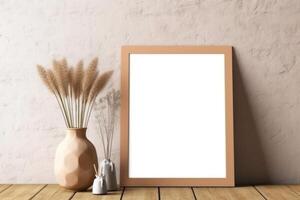 Empty wooden picture frame mockup in home hanging in the wall background photo