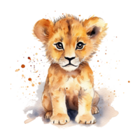 Watercolor little lion isolated on transparent background. png