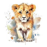 Watercolor little lion isolated on transparent background. png