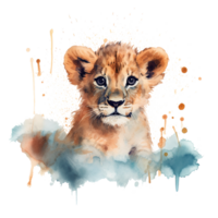 Watercolor little lion isolated on transparent background. png