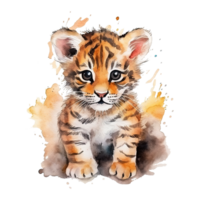 Watercolor little tiger isolated on transparent background. png