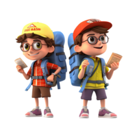 3d cute cartoon couple tourist backpacker in summer holiday vacation on transparent background. Generative AI png