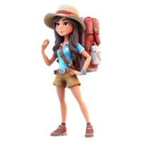 3d cute cartoon backpacker in summer holiday vacation on transparent background. png