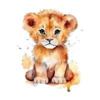 Watercolor little lion isolated on transparent background. png