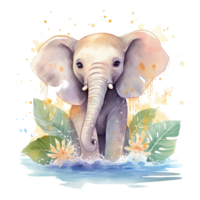 Watercolor little elephant isolated on transparent background. png