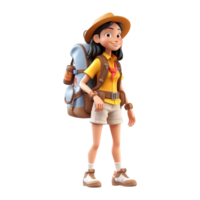 3d cute cartoon backpacker in summer holiday vacation on transparent background. png