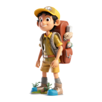 3d cute cartoon backpacker in summer holiday vacation on transparent background. png