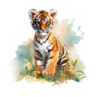 Watercolor little tiger isolated on transparent background. png