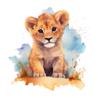 Watercolor little lion isolated on transparent background. png