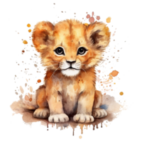 Watercolor little lion isolated on transparent background. png