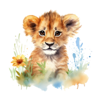 Watercolor little lion isolated on transparent background. png