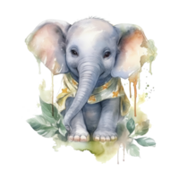 Watercolor little elephant isolated on transparent background. png