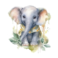 Watercolor little elephant isolated on transparent background. png