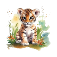 Watercolor little tiger isolated on transparent background. png