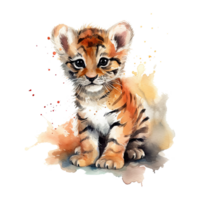 Watercolor little tiger isolated on transparent background. png