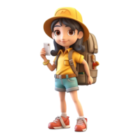 3d cute cartoon backpacker in summer holiday vacation on transparent background. Generative AI png
