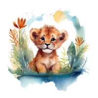 Watercolor little lion isolated on transparent background. png