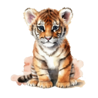 Watercolor little tiger isolated on transparent background. png