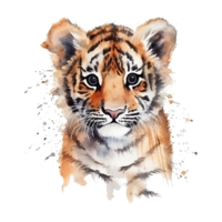 Watercolor little tiger isolated on transparent background. png