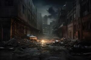 Hyperrealism dark abandoned city dirt trash everywhere background photo