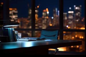 Blurred office workspace in the night view background photo