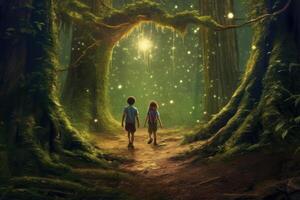 ai generado dos niños sensación el mágico atmósfera como ellos entrar bosque antecedentes foto