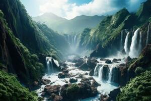 Valhalla paradise mountains waterfalls photographic background photo
