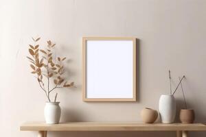 Empty wooden picture frame mockup in home interior design background photo