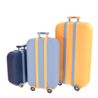 Three colorful suitcases with wheels 3d illustration png