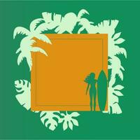 verano antecedentes con tropical palma arboles y niña con tabla de surf. modelo con espacio para texto para playa fiesta invitación, club volantes, menú cubrir, tarjeta. vector ilustración.