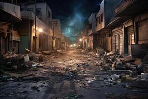 Hyperrealism dark abandoned city dirt trash everywhere background photo