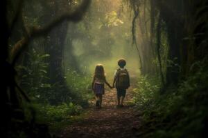 two kids Feeling the magical atmosphere as they enter forest background photo