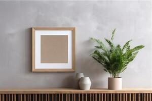 Empty wooden picture frame mockup in home hanging in the wall background photo