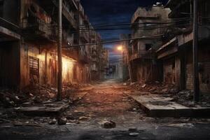 Hyperrealism dark abandoned city dirt trash everywhere background photo