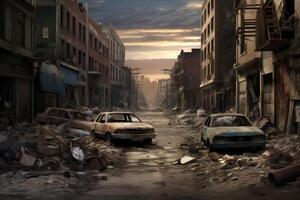 Hyperrealism dark abandoned city dirt trash everywhere background photo