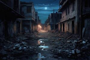 Hyperrealism dark abandoned city dirt trash everywhere background photo