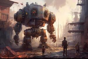 a robot working with humans in the insdustrial background photo