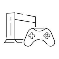 Video game pixel perfect line icon, vector line computer and controller or console. Portable game device.