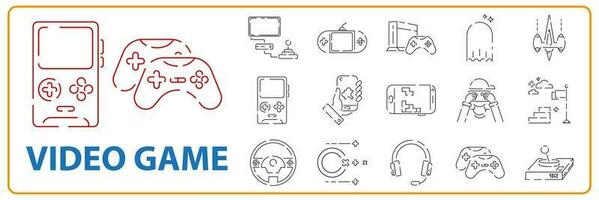 Video games line icon set. Game genres and attributes. Computer and controller or console. Portable game device mobile. vector