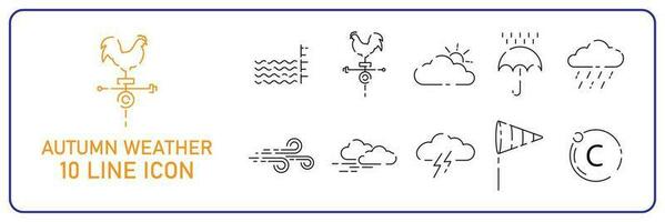 Autumn Weather line icon set. Meteorology vector. Cloud, weather vane rooster, windsock, Celsius, flood and overflow, umbrella or rain, lightning. vector