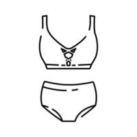 Swimwear women's clothing collection badges vector. Glamor beach suit, women's bikini, underwear for swimming, women's beachwear concept line icons. Contour Illustration. Summer. vector