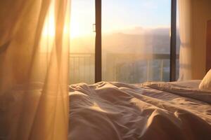 Blurred bedroom in the morning view background photo