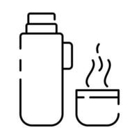 Camping, hiking, wilderness, adventure, travel and picnic and more, thin line icon, vector illustration. Autumn or spring and summer season. Thermos tea coffee.