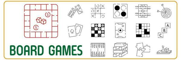 Board and table game linear icons set. Vector fun symbols. Activity.