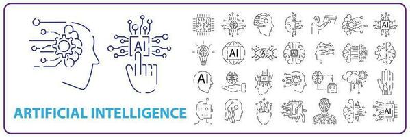 artificial intelligence icon set in line style, machine learning, smart robotic and cloud computing network digital AI technology internet, solving, algorithm, vector illustration.