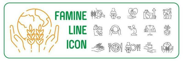 Destitution line icon set. Included the icons as scraggy, skinny, starving, homeless , beggar, poor and more. Global famine crisis. Global food security. vector