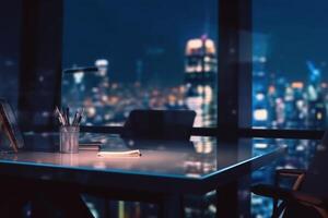 Blurred office workspace in the night view background photo